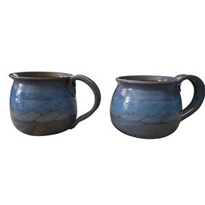 Lodema Studio Pottery Mugs Set of 2 Blue Brown Etched Landscape 1995 Signed
